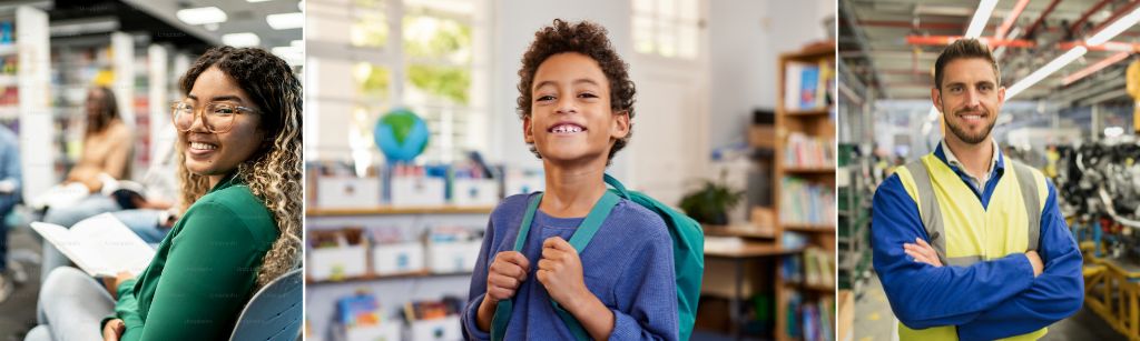 three learners, one teen, one child and one adult smiling confidently at camera