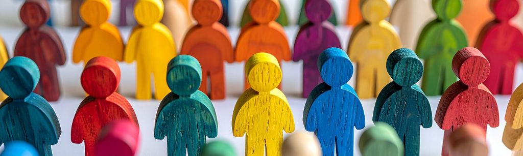 Colourful wooden figures in a line